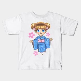 Chibi Girl with Cherry Blossoms in Kimono Kids T-Shirt